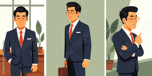 middle-aged Hong Kong male, retro business suit, slick back hair, gold-rimmed glasses, dress shoes,