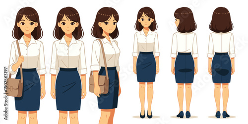 young Japanese woman, smart casual outfit, soft blouse, pencil skirt, shoulder bag,