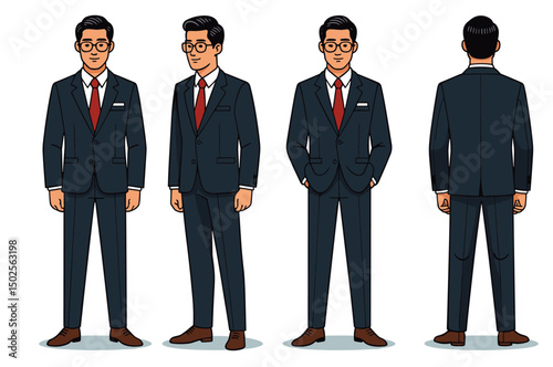 middle-aged Hong Kong male, retro business suit, slick back hair, gold-rimmed glasses, dress shoes,