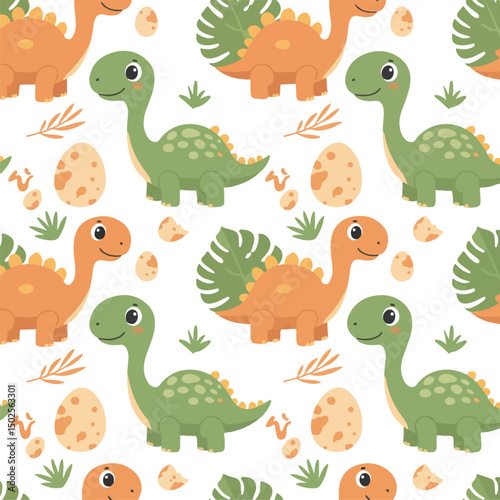 This adorable seamless pattern features cute cartoon dinosaurs in green and orange, dinosaur eggs, and tropical leaves against a white background.
