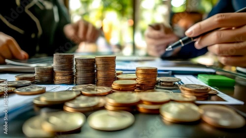 Stacked coin pile and money management on finance documents showing business investment strategy and financial planning