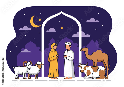 Happy Muslim family celebrates Eid al-Adha with mosque, camel, sheep, cow, and goat; vibrant flat design banner with islamic and arabic themes