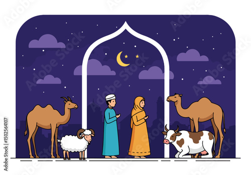 Happy Muslim family celebrates Eid al-Adha with mosque, camel, sheep, cow, and goat; vibrant flat design banner with islamic and arabic themes