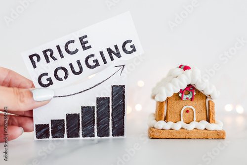 Papier peint Price gouging graph with stats going up next to gingerbread house, cost of livin