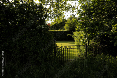 Metal fence door overgrown greenery in garden landscape, hidden entrance in nature, surrounded by trees and dense foliage.