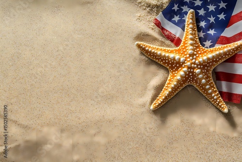 A patriotic starfish rests on sun kissed sand beside an American flag symbolizing freedom and summer s joyful embrace Soft lighting enhances the beach scene s