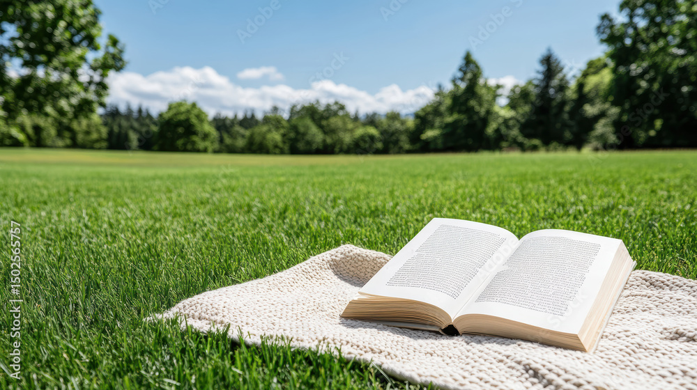 Fototapeta premium Book lies open on blanket in sunny meadow, surrounded by lush green grass and trees