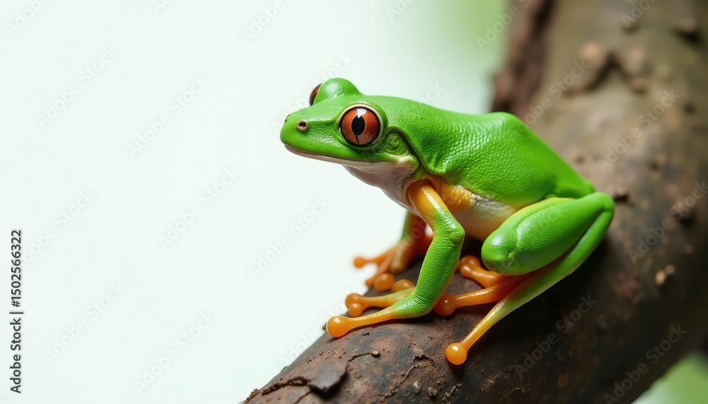 Naklejka premium Green tree frog perched on white, vibrant skin, macro, exotic