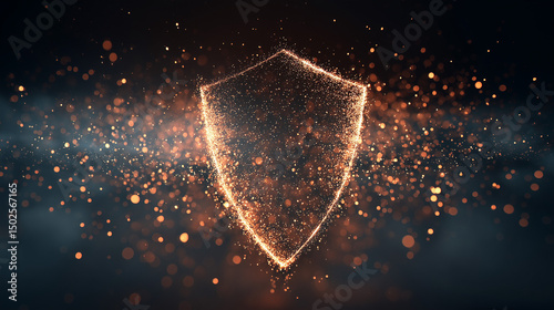 Abstract digital shield with glowing particles, symbolizing cybersecurity and digital protection.