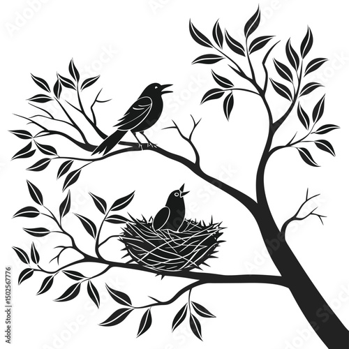 Bird Singing on Tree Branch Illustration