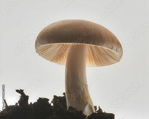 Single Pale Brown Mushroom Growing in Dark Soil photo