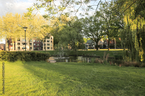 Relaxing park with fountain garden pond water explore relaxing view point.