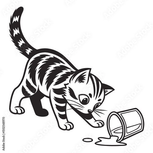 Curious Kitten Playing with Spilled Milk