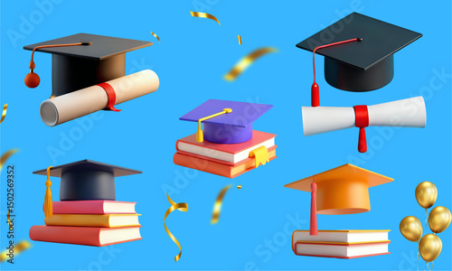 Set of Graduation cap with diploma, a symbol of academic success and educational achievement for college and university students