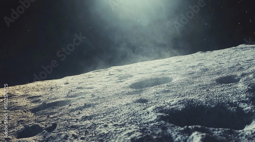 A low-angle view of a cratered celestial body's surface, bathed in a soft, ethereal light emanating from beyond the frame, with a hazy atmosphere subtly obscuring the background stars