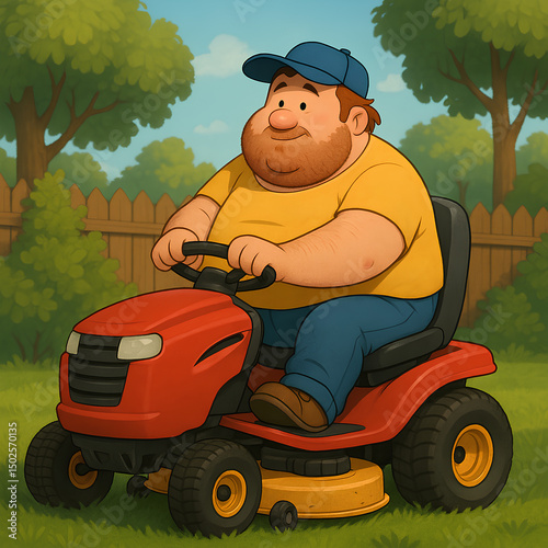 Large man sitting on a ride on lawn mower
