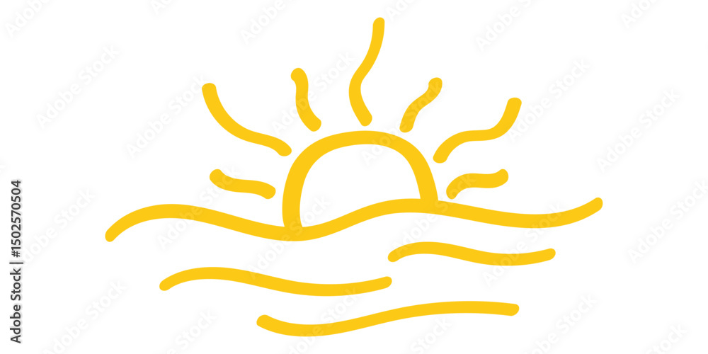 Fototapeta premium A minimalist illustration depicts a yellow sun setting over wavy ocean lines. Simple, childlike drawing style, symbolizing summer, beach, and warmth.