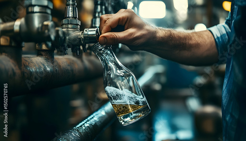 Worker filling bottle at industrial tap