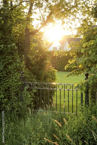 Rustic iron metal fence door overgrown with greenery in lush forest garden landscape, hidden entrance in wild nature, surrounded by trees and dense foliage.