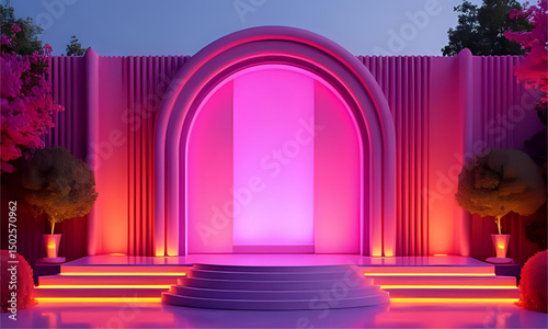Elegant Stage with Glowing Neon Arch and Luxury Red Carpet for Event Background – Futuristic 3D Illustration