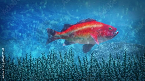 Rock fish swimming in blue water, colorful fish swimming in water, red orange fish swimming