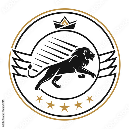 Majestic lion silhouette emblem with wings isolated on white background
