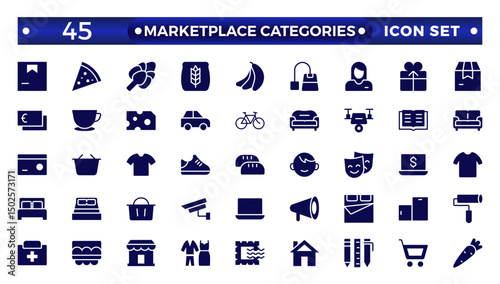 Marketplace Categories solid icons collection. Vector illustration in modern thin line style of e-commerce related icons: household goods, electronics and household appliances, clothing, and more.
