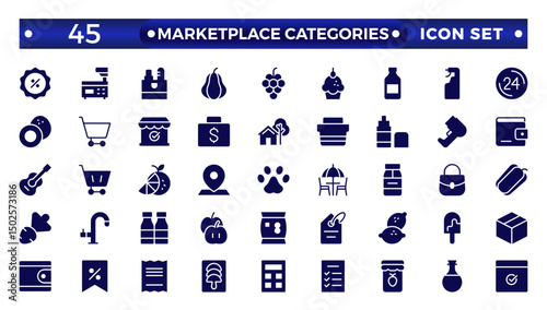 Marketplace Categories solid icons collection. Vector illustration in modern thin line style of e-commerce related icons: household goods, electronics and household appliances, clothing, and more.