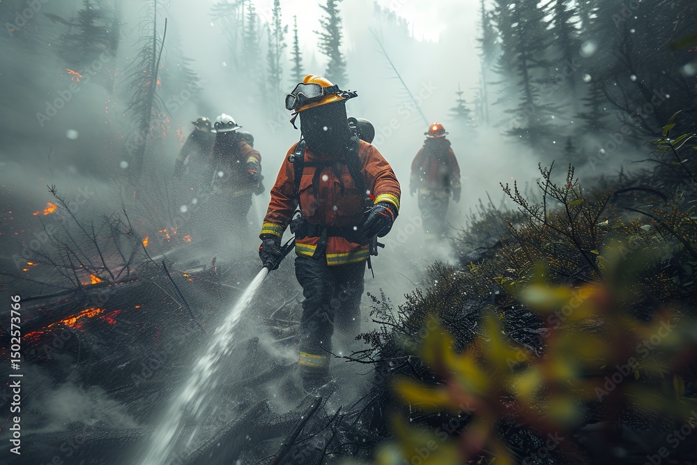 Determined Firefighter Extinguishing Forest Fire Determined Firefighter Extinguishing Forest Fire