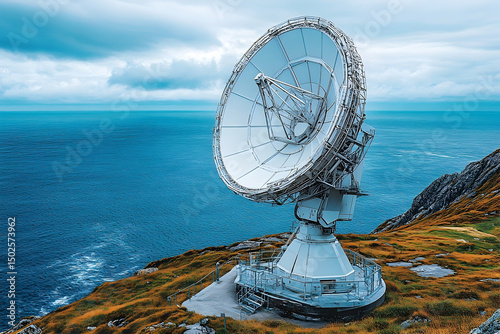 Coastal radio telescope on cliff overlooking ocean