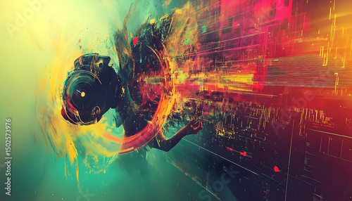 Abstract digital art of a person listening to music in a vibrant city