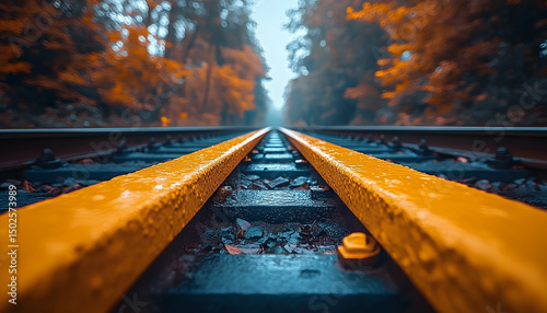 Autumnal Railway Tracks Through Foggy Woods