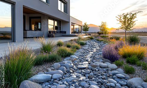 Modern home exterior with landscaped water feature at sunset