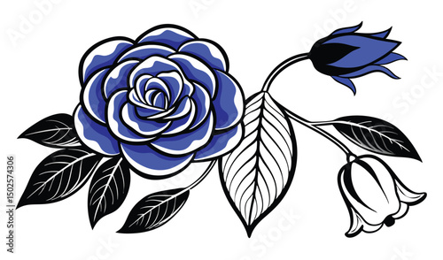 Wavy petaled camellia and bluebell flower illustration