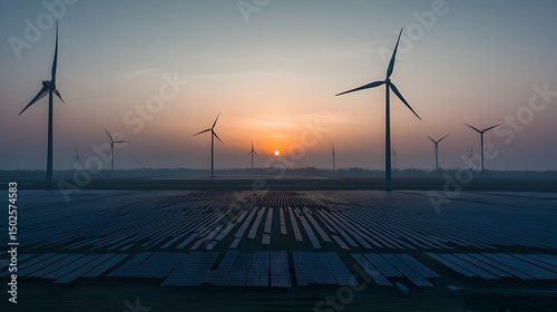 Sunrise over wind and solar farm