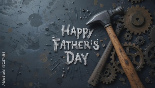 Celebrating Happy Father s Day with the tools of love and creation a hammer and gears displayed on a textured surface in