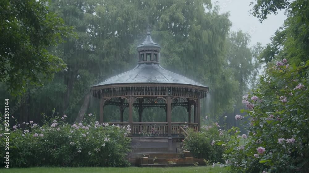 Serene gazebo surrounded by blooming flowers in a tranquil park during a gentle rain