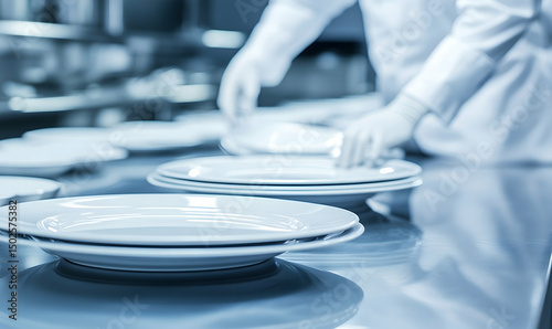 Chef arranging plates in a professional kitchen