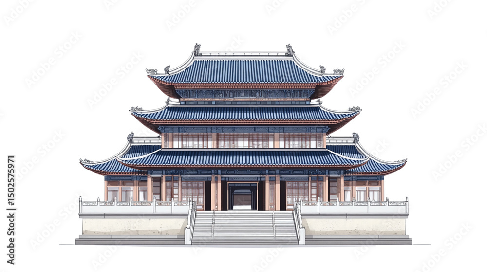 Obraz premium Ancient Chinese palace with multiple floors and symmetrical design on white background.