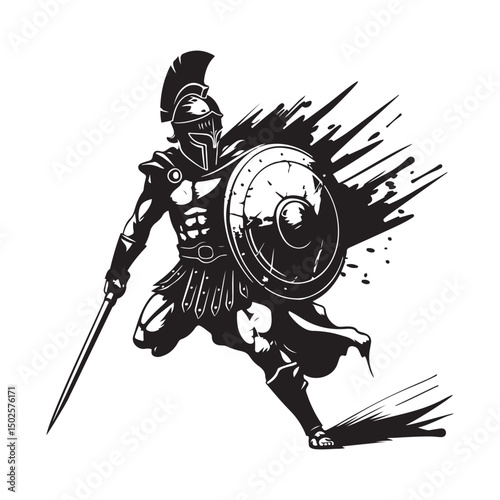 Dramatic Illustration of a Spartan Warrior attacks with a sword Image vector on white background.