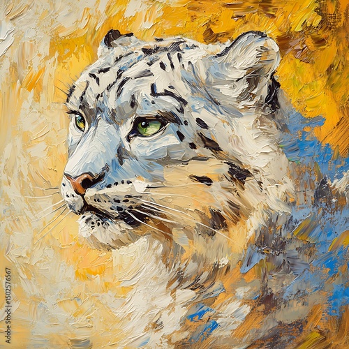 Artistic snow leopard oil painting dramatic animal face green eyes textured fur bold wildlife theme photo
