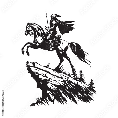 A knight riding a horse with a mountain in the background image vector on white background.