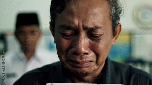 Man cries looking at a paper, overcome with emotion, likely bad news or a burdensome bill, another figure in background