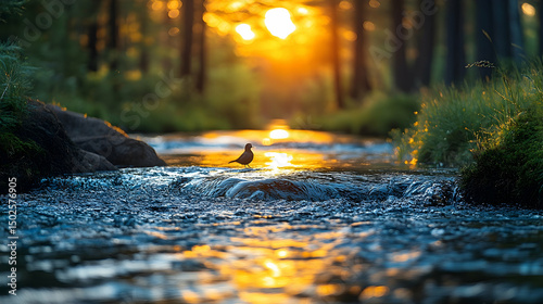 Bird on Stream at Sunset in Forest