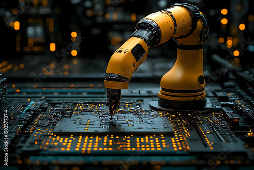 Robotic arm working on circuit board in a factory