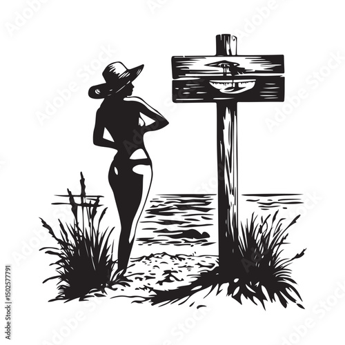 Woman wearing swimsuit with old wooden sign on the beach silhouette vector.