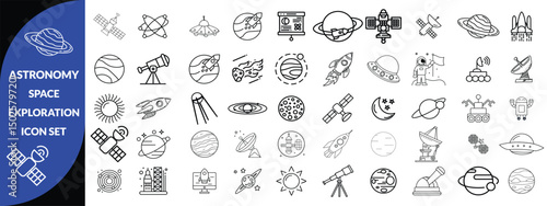 Astronomy and space exploration icon set. Thin line editable stroke icons for astrophysics, planets, rockets, astronauts, solar system, satellites, galaxies and outer space observation science