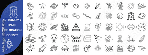 Astronomy and space exploration icon set. Thin line editable stroke icons for astrophysics, planets, rockets, astronauts, solar system, satellites, galaxies and outer space observation science