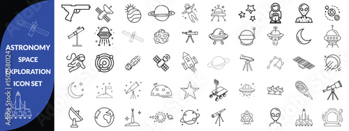Astronomy and space exploration icon set. Thin line editable stroke icons for astrophysics, planets, rockets, astronauts, solar system, satellites, galaxies and outer space observation science