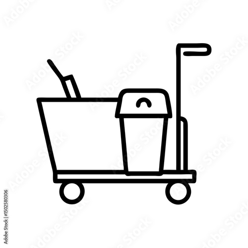 Cleaning cart icon with a trash bin and supplies for maintenance work  